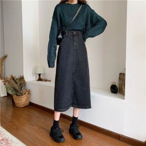 韓国風秋無地レトロファッションハイウエストロングスカート