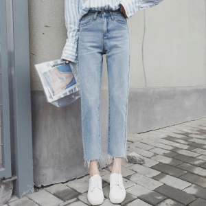 絶対流行シンプルファッション韓国系無地エイジング加工ハイウエストジーンズ