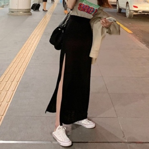  NO.1人気セクシーストリート系韓国系無地スリット伸縮性のあるロングストレートスカート