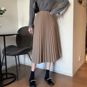  絶対流行韓国系スウィートシンプルAライン無地切り替えロングプリーツスカート