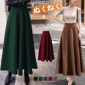 絶対流行 ウール混スカートポケットありウエストゴム韓国プレミアムファッション フェミニンな雰囲気 最新トレンドスカート