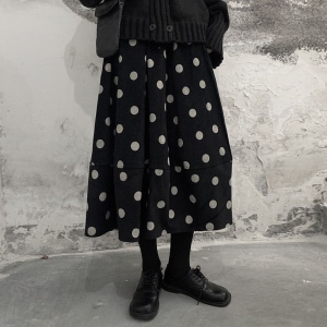 韓国風ファッション シンプル 切り替え 美脚効果 ドット柄 スカート