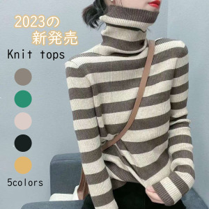 韓国風ファッション ファッション ハイネック ボーダー 切り替え ニットセーター